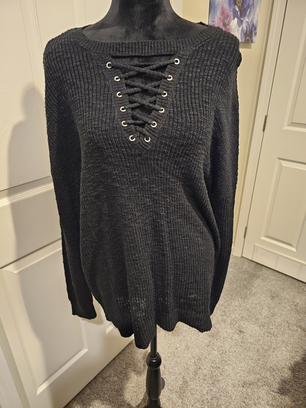 torrid Black Lace-Up V-Neck Knit Sweater